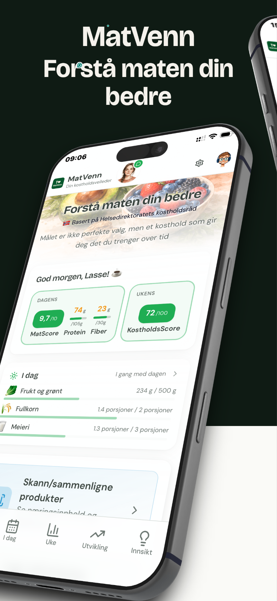MatVenn-appens hovedoversikt med dagens MatScore og ukens KostholdsScore